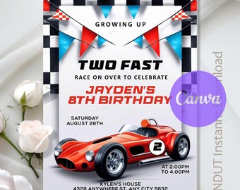 May include: A birthday invitation featuring a red racing car illustration. The invitation includes the text "TWO FAST" and "JAYDEN'S 8TH BIRTHDAY". The design incorporates a chequered flag border and red, white, and blue pennants.