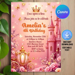 Princess Birthday Invitation,Princess Castle Invitation,Princess Pink Invite,Girl Birthday Invite,Instant Download,Editable,Canva