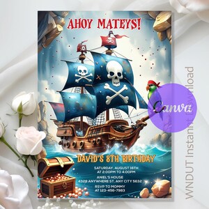 Puede incluir: Una invitación de cumpleaños con temática pirata con una ilustración detallada de un barco pirata navegando sobre agua azul. El barco tiene velas azules con calaveras y huesos cruzados. La invitación incluye el texto "AHOY MATEYS!" y detalles.