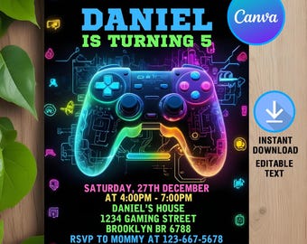 Videospiel-Einladung, Videospiel-Geburtstags-Einladung, Videospiel-Party, Gamer einladen, Sofort-Download, Druckbar, Bearbeitbar, Canva-Vorlage
