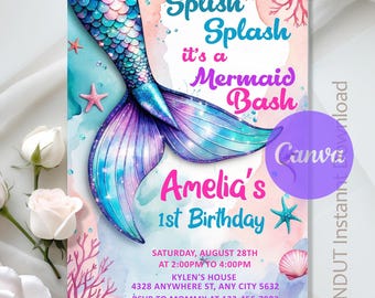 Verjaardagsuitnodiging zeemeermin, Mermaid Bash-uitnodiging, Under the Sea Party, Mermaid Birthday Party, bewerkbaar, canvassjabloon