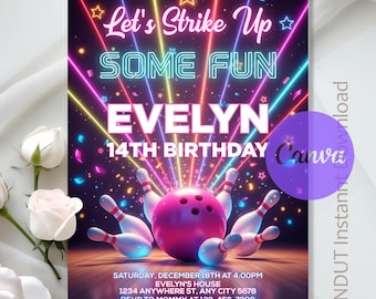 Bowling Birthday Invitation,Pink Bowling Birthday Party,Girls Bowling Party,Pink Bowling Neon Invite,Instant Download,Editable,Canva