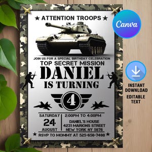 Army Birthday Invitation,Military Party Invitation,Soldier Birthday Invitation,Army Military invite,Instant Download,Editable,Canva