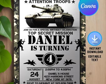 May include: A camouflage-patterned birthday invitation with a tank, airplanes, and the text "ATTENTION TROOPS JOIN US FOR A SPECIAL BIRTHDAY CELEBRATION TOP SECRET MISSION DANIEL IS TURNING 4 SATURDAY 24 AUGUST 2:00PM TO 4:00PM DANIEL'S HOUSE 4231 MARIONS STREET NEW YORK NY 5678 RSVP TO MOMMY AT 525-656-7498"