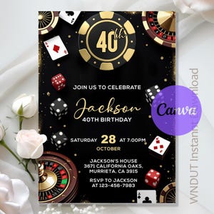 Casino Birthday Invitation,Casino Invitation,Playing Cards Poker Party,Casino Night Party 30th 40th 50th Any Age,Editable,Canva Template