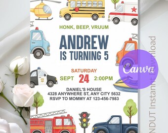 Transportation Birthday Invitation,Transportation Party,Truck Invite,Car Birthday Party,Vehicle Party,Instant Download,Editable,Canva