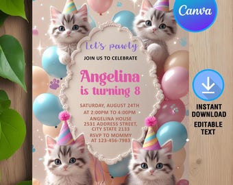 Cat Birthday Invitation,Cute Cats Birthday Invite,Are You Kitten Me Birthday,Paw-ty Birthday Invite,Instant Download,Editable,Canva