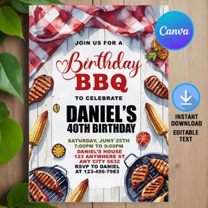May include: A digital invitation for Daniel's 40th Birthday BBQ, featuring watercolor illustrations of grilled food and corn on the cob. The design includes the text "Birthday BBQ" and event details, with a Canva logo and download icon.