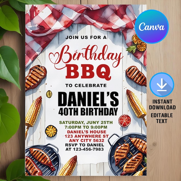 BBQ誕生日招待状、BBQ誕生日パーティー、バーベキューグリル＆チル招待状、BBQレッドギンガム裏庭パーティー、即時ダウンロード、編集可能、Canva