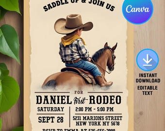 Cowboy Birthday Invitation,Cowboy First 1st Birthday Invite,First Rodeo Birthday Invite,Cowboy Invite,Instant Download,Editable,Canva