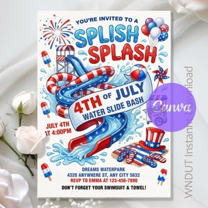 Invitación para fiesta de toboganes acuáticos del 4 de julio, Fiesta de toboganes acuáticos, Invitación del 4 de julio, Descarga instantánea, Editable, Canva