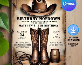 Zaproszenie na urodziny kowboja,impreza urodzinowa w stylu western hoedown,zaproszenie na imprezę kowbojską,osiodłaj i załóż buty,edytowalny szablon Canva