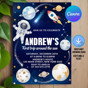Outer Space First Birthday Invitation,First Trip Around the Sun,Galaxy Blast Off,Space Invitation,Instant Download,Editable,Canva Template
