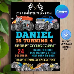 Monster Truck Invitation,Monster Truck Birthday Invitation,Monster Truck Party,Truck Invite,Instant Download,Editable,Canva Template