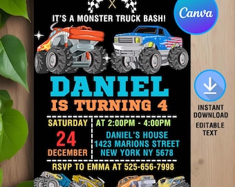 Monster Truck Invitation,Monster Truck Birthday Invitation,Monster Truck Party,Truck Invite,Instant Download,Editable,Canva Template