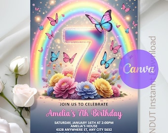 7th Birthday Invitation,7th Birthday Girl Party,Rainbow Butterfly With Flowers Birthday Invitation,Instant Download,Editable,Canva