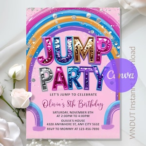 Puede incluir: Una invitación rosa para una fiesta de cumpleaños con un arcoíris y las palabras "JUMP PARTY" en letras grandes y coloridas. La invitación incluye el texto "Let's Jump to Celebrate Olivia's 8th Birthday" y detalles.