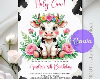 Holy Cow Birthday Invitation,Cow girl Birthday Party,Cow Birthday Invite,Holy Cow Party,Instant Download,Editable,Canva Template