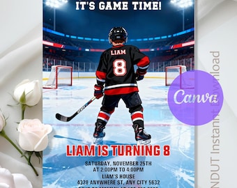 Boys Ice Hockey Birthday Party,Hockey Invitation,Sports Invite,Instant Download,Editable,Canva