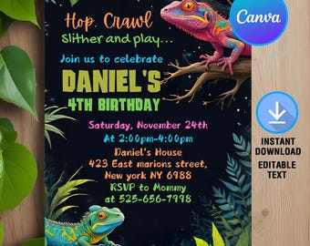 May include: A colorful invitation for a 4th birthday party with a jungle theme. The invitation features a green, blue, and yellow lizard on a branch with the text "Hop. Crawl Slither and play... Join us to celebrate DANIEL'S 4TH BIRTHDAY Saturday, November 24th At 2:00pm-4:00pm Daniel's House 423 East marions street, New york NY 6988 RSVP to Mommy at 525-656-7998".