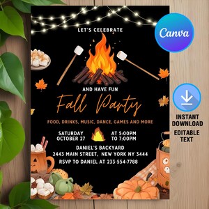 Fall party invitation,Fall harvest party,Fall event flyer,Fall party,Bonfire invite,Instant Download,Printable,Editable,Canva Template