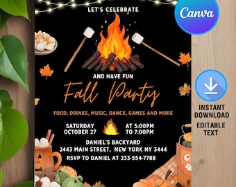 May include: Fall party invitation with a campfire, marshmallows, and pumpkins. The invitation says "Let's Celebrate and Have Fun Fall Party" with details about the event, including the date, time, and location.
