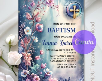 Invitación de bautismo, invitación floral, invitación de bautismo para niñas con flores silvestres, descarga instantánea, editable, Canva