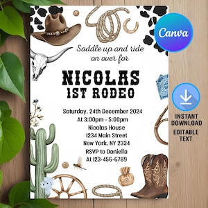 Cowboy Firts rodeo-uitnodiging, cowboyverjaardagsuitnodiging, cowboyverjaardagsfeestje, instant download, afdrukbare, bewerkbare, canvassjabloon