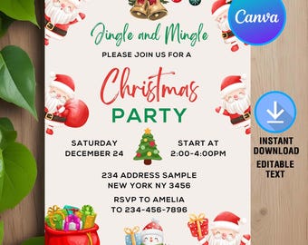 May include: A Christmas party invitation with a red and white Santa Claus illustration, a green Christmas tree, and the text "Jingle and Mingle, Please Join Us For A Christmas Party". The invitation includes the date, time, address, and RSVP information.