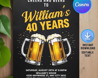 Cheers and Beers Birthday Invitation,Cheers and Beers Party,Cheers and Beers to 40th 50th 60th Any Age,Instant Download,Editable,Canva