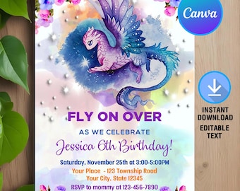 Dragon Birthday Invitation,Purple Dragon Invitation,Dragon Invitation,Dragon Birthday Party,Instant Download,Editable,Canva Template