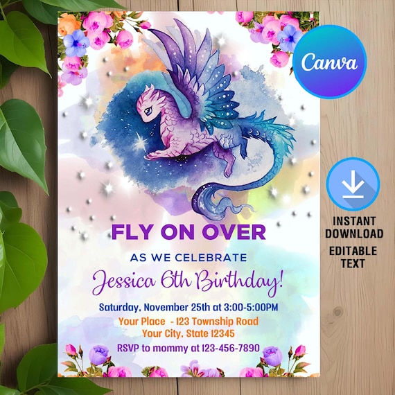 Dragon Birthday Invitation,Purple Dragon Invitation,Dragon Invitation,Dragon Birthday Party,Instant Download,Editable,Canva Template