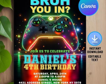 Video Game Birthday Invitation,Bruh Birthday Invitation,BRUH YOU IN?,Neon Gamer Birthday Invitation,Instant Download,Editable,Canva
