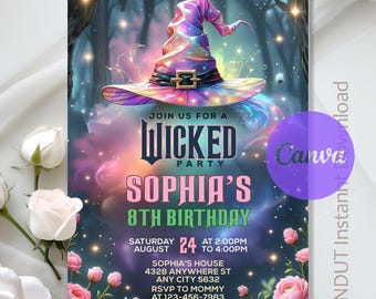 Wicked Party Invitation,Wicked Birthday Party,Wicked Invite Pink and Green Wicked Movie Ticket Party,Instant Download,Editable,Canva