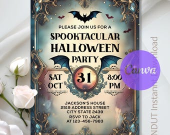 May include: A Halloween party invitation with a spooky design. The invitation features a bat, ornate borders, and the text "Spooktacular Halloween Party" with the date, time, and location. The color scheme includes blue, gold, and black.