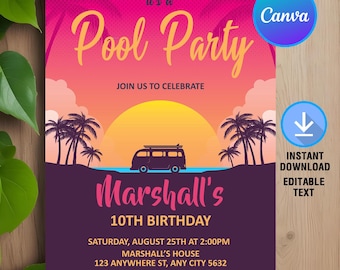 Pool-Party Geburtstagseinladung, Pool-Party Einladung, Schwimmeinladung, Sommer-Geburtstagsfeier, Sofort-Download, Bearbeitbar, Canva Vorlage