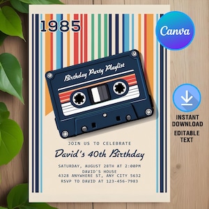 May include: Retro-themed birthday party invitation featuring a blue cassette tape illustration. The design includes the year "1985" and the text "Birthday Party Playlist." The invitation is for David's 40th birthday, with event details.