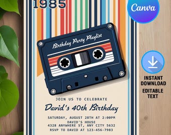 40歳の誕生日招待状、80年代風、1985年のヴィンテージ誕生日、30歳、40歳、50歳を記念したレトロな誕生日パーティー（年齢を問わず）、編集可能、Canvaテンプレート