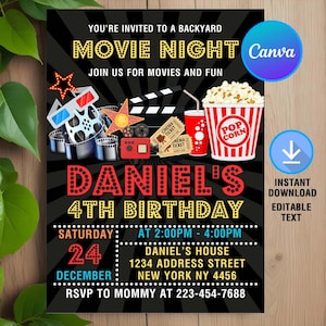 Backyard Movie Night Birthday Invitation,Movie Night Invitation,Movie Night Birthday,Movie Invite,Instant Download,Editable,Canva Template