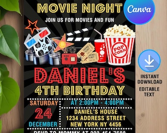Invitation d'anniversaire pour une soirée cinéma dans l'arrière-cour, Invitation à une soirée cinéma, Soirée d'anniversaire pour cinéma, Invitation film, Téléchargement instantané, Modifiable, Modèle de toile