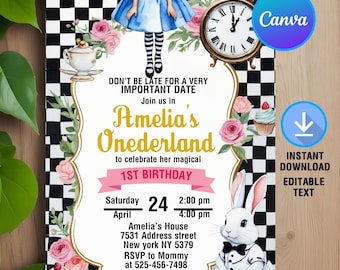 May include: Alice in Wonderland themed first birthday party invitation with a black and white chequered background. The invitation features a cartoon illustration of Alice, a white rabbit, a pocket watch, and a teacup. The text on the invitation reads "Don't be late for a very important date. Join us in Amelia's Onederland to celebrate her magical 1st birthday. Saturday April 24 2:00 pm 4:00 pm Amelia's House 7531 Address street New york NY 5379 RSVP to Mommy at 525-456-7498"