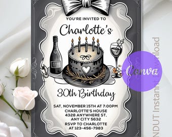 Black Bow Birthday Invitation,Black Bow Coquette Black and White 30th Birthday,40th,50th Any Age,Instant Download Editable,Canva