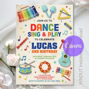 May include: A colorful invitation for a 2nd birthday party with musical instrument illustrations. The text reads "Join us to Dance, Sing & Play to Celebrate Lucas 2nd Birthday". Includes date, time, address, and RSVP information.