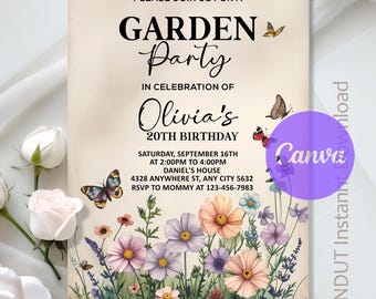 Może przedstawiać: Zaproszenie na przyjęcie w ogrodzie z ilustracjami kwiatów i motyli. Tekst brzmi "Please join us for a Garden Party in celebration of Olivia's 20th Birthday". Zawiera szczegóły wydarzenia i informacje RSVP.