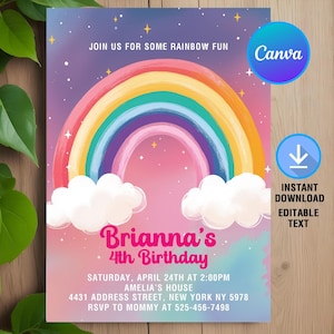 Invitación de cumpleaños arcoíris, fiesta de cumpleaños arcoíris, invitación arcoíris de diversión, fiesta arcoíris para niñas, descarga instantánea, editable, Canva