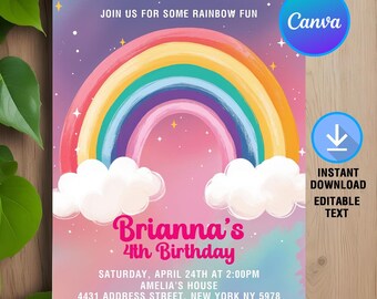 Rainbow Birthday Invitation,Rainbow Birthday Party,Rainbow of fun Invite,Girls Rainbow Party,Instant Download,Editable,Canva