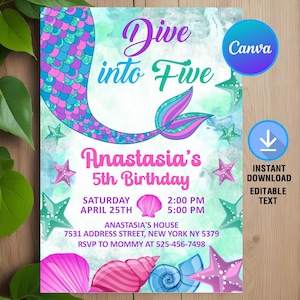 Dive into Five Mermaid Birthday Invitation,Mermaid Birthday Invitation,Mermaid Party,Under The Sea Invite,Instant Download,Editable,Canva