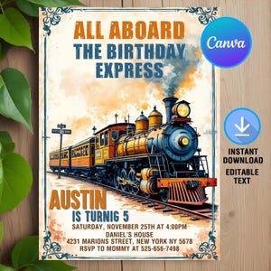 Train Birthday Invitation,All Aboard Train Express Invite,Vintage Train Birthday Party,Train Invitation,Instant Download,Editable,Canva
