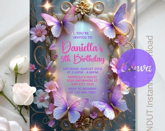 Schmetterling Geburtstagseinladung, Schmetterling Geburtstag, Schmetterling rosa lila Einladung, Schmetterling lila einladen, Sofort Download, bearbeitbar,Canva