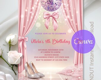 Coquette Bow Disco Party Invitation,Disco Birthday Party,Pink Party Disco Ball Birthday,Instant Download,Editable,Canva Template